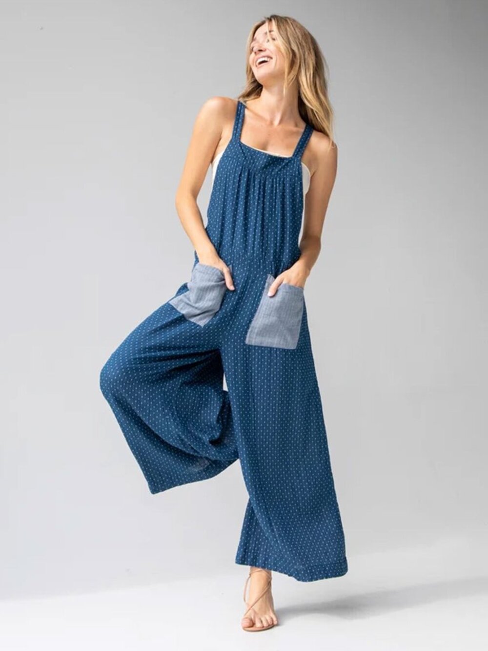 Natural Life Dakota Cotton Tie Overalls in Navy Blue Polka Dots size XXL